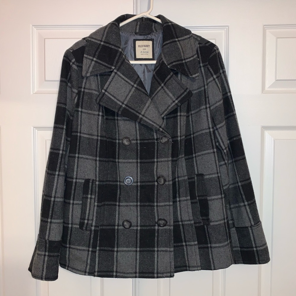 Grey plaid pea coat